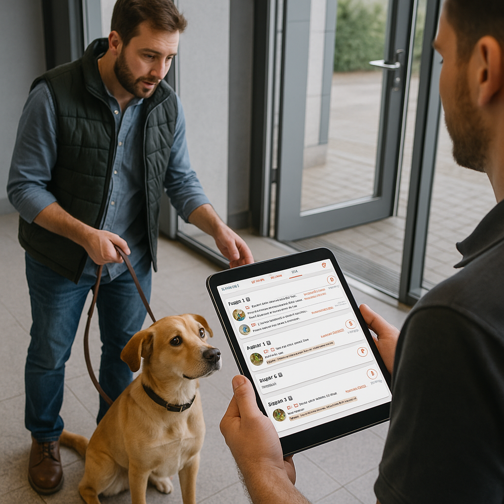 Ein Hund wird zur Pension abgegeben, eine Person behandelt dies mit dem Tablet.