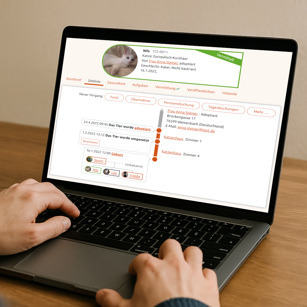 Laptop zeigt einen Tierverlauf in der Anigu Tierverwaltung