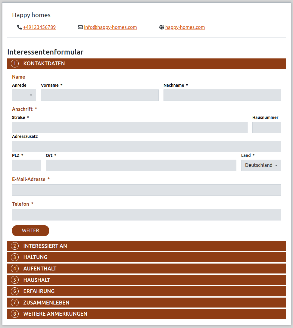 Interessenten-Formular für die Tiervermittlung in der Anigu Tierverwaltung