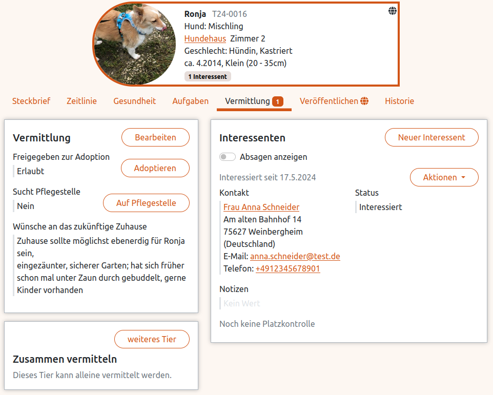 Reiter Vermittlung in der Tierakte der Anigu Tierverwaltung