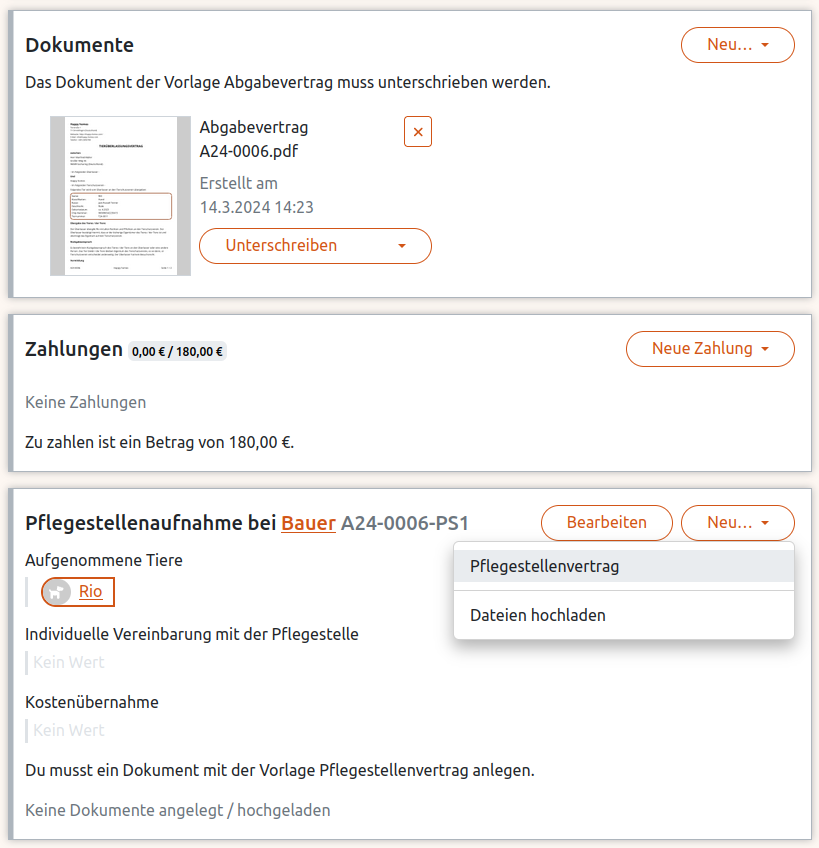 Pflegestellenvertrag anlegen in der Anigu Tierverwaltung