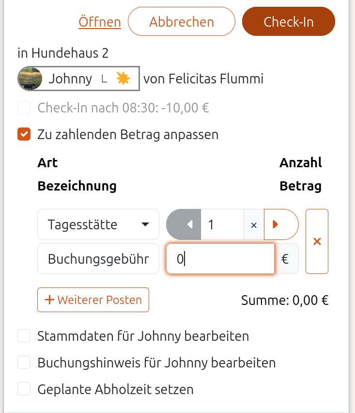 Preis beim Check-in auf 0€ setzen