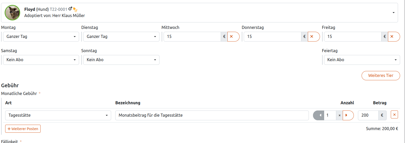 Beispiel für die Preisgestaltung eines Tagesstätten- Abonnements für Stammkunden mithilfe Tierverwaltung