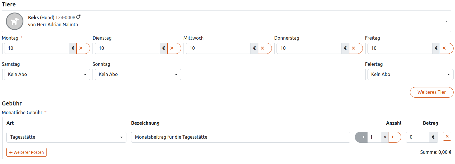 Beispiel für die Preisgestaltung eines Tagesstätten- Abonnements für Freunde mithilfe der Tierverwaltung