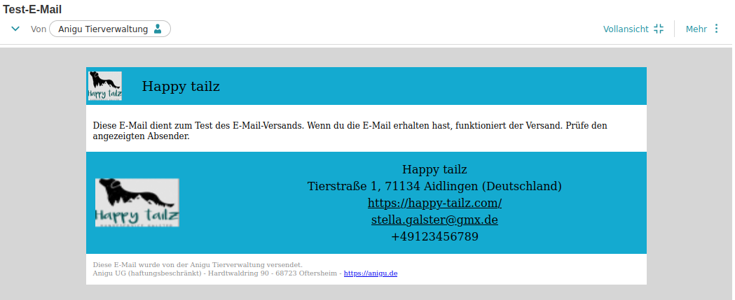 Beispiel einer Test E-Mail nach dem Einrichten des SMTP E-Mail Versands in der Anigu Tierverwaltung