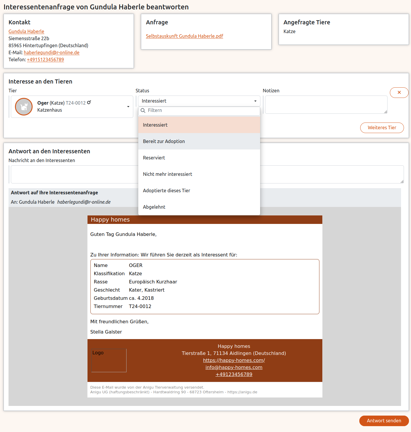 Antwort-E-Mail auf Interessentenanfrage in der Anigu Tierverwaltung