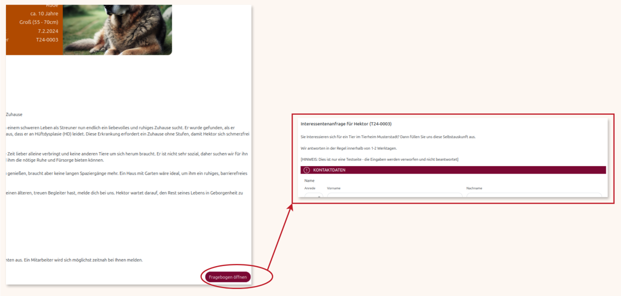 Interessentenanfrage über Webseite für Vermittlungstier in der Anigu Tierverwaltung