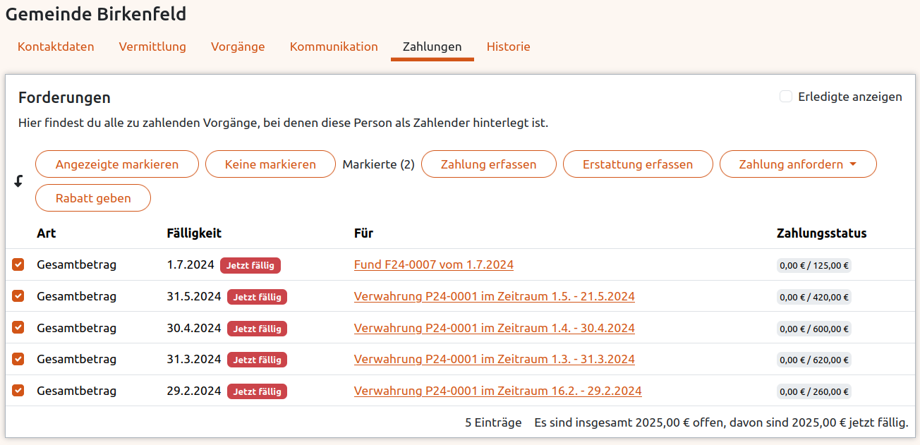 Offene Posten für Verwahrung durch Gemeinde in der Anigu Tierverwaltung