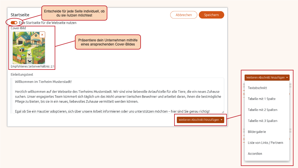 Einstellung zur Startseite einer Webseite von Anigu Tierverwaltung