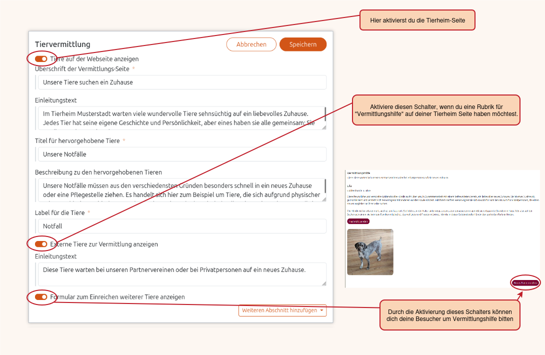 Tierheim Seite Einstellungen in der Anigu Tierverwaltung